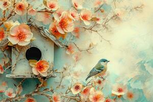 ai genererad en teckning av en fågel hus och blommor foto