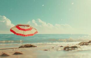 ai genererad en strand scen med en röd och vit randig paraply foto