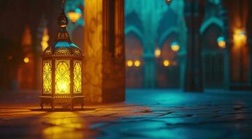 ai genererad muslim dyrkan och moské Semester lykta av de helig månad ramadan foto