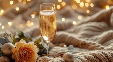 ai genererad en glas av champagne är i främre av några blommor och jul dekorationer på en säng foto