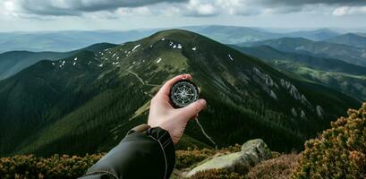 ai genererad en hand är innehav en kompass tvärs över en skön berg landskap foto