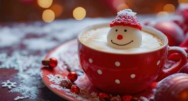 ai genererad en kopp av kaffe med dekorationer till se tycka om de snögubbe foto