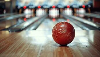 ai genererad bowling boll på de främre av en stift med många Övrig bowling bollar foto