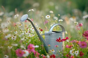 ai genererad en vattning kan är i de mitten av en fält av blommor foto