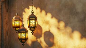 ai genererad arabicum lampor hängande på vägg marocko tapet foto