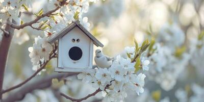 ai genererad fågel hus på vår blomma träd foto