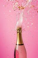 ai genererad champagne flaska faller på en rosa bakgrund foto