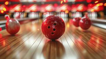 ai genererad bowling boll på de främre av en stift med många Övrig bowling bollar foto