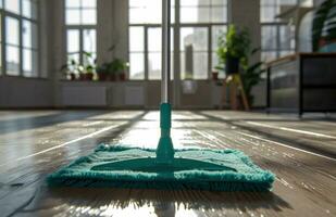 ai genererad golv mopp med mjuk borst en rengöring verktyg som kan föra liv till de hårt träslag golv foto