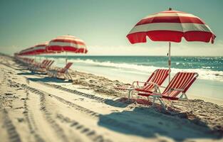 ai genererad stolar fodrad upp längs de strand under en röd och vit paraply foto