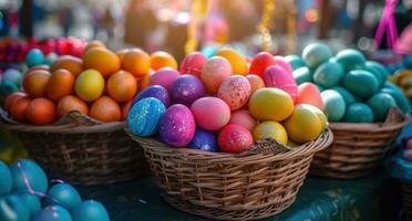 ai genererad Färg samordnade påsk ägg i korgar på marknadsföra foto