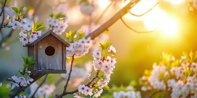 ai genererad vår fågelholk med vår körsbär blomma bakgrund foto