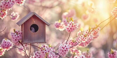 ai genererad vår fågelholk med vår körsbär blomma bakgrund foto