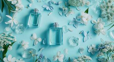 ai genererad de parfym flaskor är anordnad på en blå bakgrund foto