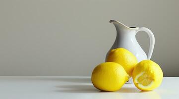ai genererad två citroner och en tillbringare på en vit tabell foto