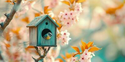 ai genererad vår fågelholk med vår körsbär blomma bakgrund foto