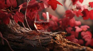 ai genererad vin med en glas på topp av en brun trä- logga foto