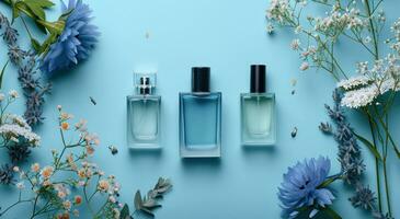 ai genererad de parfym flaskor är anordnad på en blå bakgrund foto