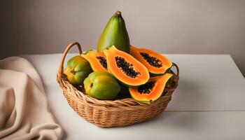 ai genererad färsk papaya och grön äpple i korg på vit tabell foto