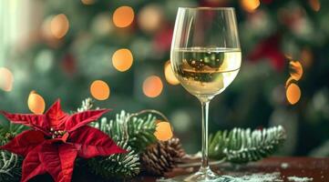 ai genererad vit vin glas på ett dekorativ tabell med jul tema blommor foto
