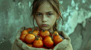ai genererad en flicka med en säck av tomater foto