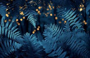 ai genererad ormbunke löv och blå ljus på de natt foto