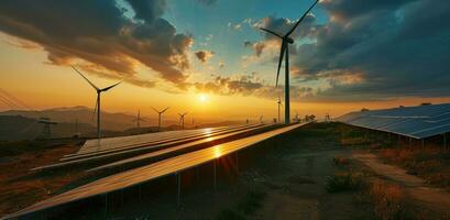 ai genererad sol- paneler och vind turbiner på solnedgång foto