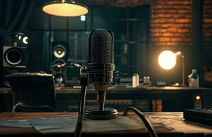 ai genererad en mikrofon sitter på en skrivbord i en inspelning studio foto