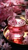 ai genererad en kopp av rosa te med blommor i den foto
