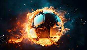 ai genererad ett bild av en fotboll boll den där är omgiven förbi brand foto