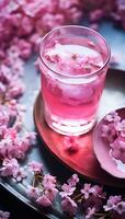 ai genererad en kopp av rosa te med blommor i den foto