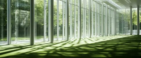 ai genererad en grön gräs fält med solljus strömning genom de glas foto