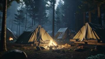 ai genererad en tält och tält är uppsättning upp på ett utomhus- campingplats runt om de lägereld foto