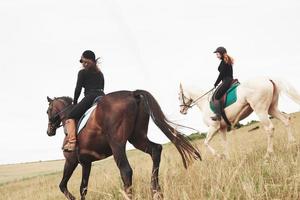 två unga vackra tjejer som rider på en häst på ett fält. de älskar djur och ridning foto