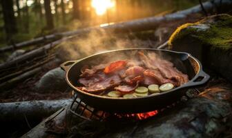 ai genererad en panorera med bacon i de mat och några bröd på den foto