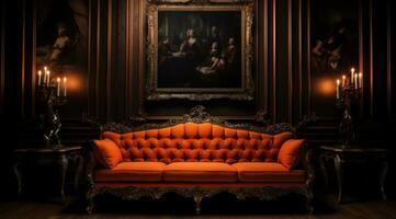 ai genererad ett orange soffa med en ram mellan dem foto