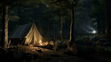 ai genererad camping, enslig tält i de skog på nattstock foto