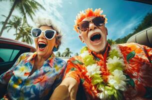 ai genererad äldre par bär solglasögon skrattande och i en bil Lycklig foto