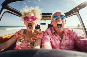 ai genererad ett äldre par skrattande medan körning i en bil foto