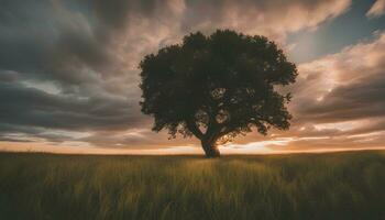 ai genererad en ensam träd står i en fält under en dramatisk solnedgång foto