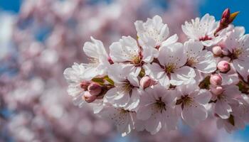 ai genererad körsbär blommar på en träd i främre av en blå himmel foto