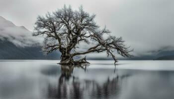 ai genererad en ensam träd i de mitten av en sjö foto