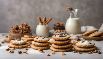 ai genererad choklad chip småkakor med grädde och nötter på en tabell foto