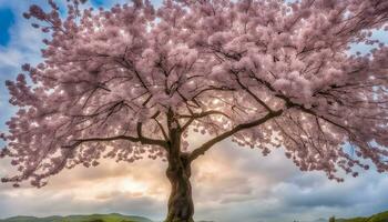 ai genererad en stor rosa träd med blommor i de förgrund foto