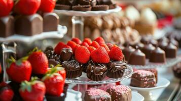 ai genererad dekadent choklad, jordgubbar, och hjärtformade desserter foto