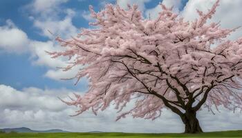 ai genererad en stor rosa träd med vit blommor i de mitten av en fält foto