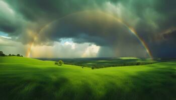 ai genererad regnbåge över grön gräs- kullar med storm moln foto