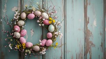 ai genererad rustik påsk ägg krans hängande på årgång bedrövad trä- dörr foto