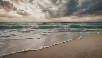 ai genererad en stormig dag på de strand med vågor och moln foto