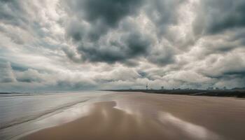 ai genererad en strand under en molnig himmel med sand och vatten foto